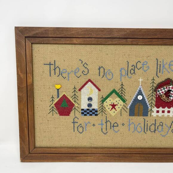 Framed Handmade Cross Stitch Home for the Holidays Tan w/Blue Red Green Yellow‎ - Picture 3 of 9